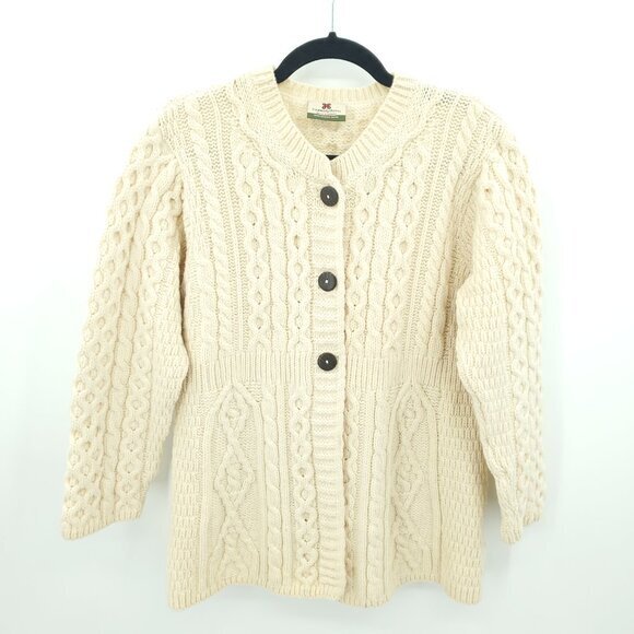 Carraig Donn 100% Merino Wool Ireland-Made Chunky Cable Long-Line Cardigan L - Picture 1 of 14